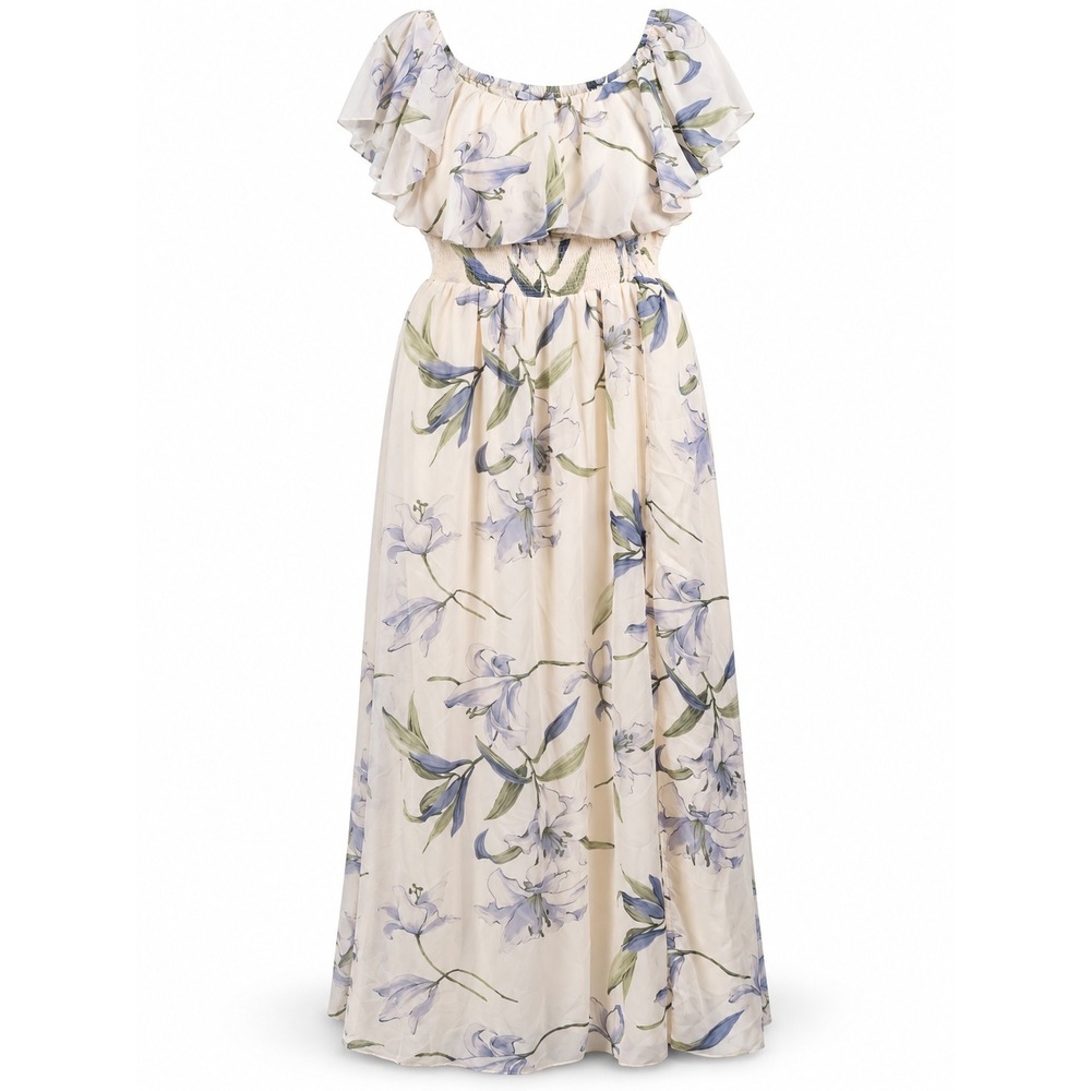 Baltic Born Floral Off Shoulder Maxi Dress Cream Blue Lily Smocked Waist Slit